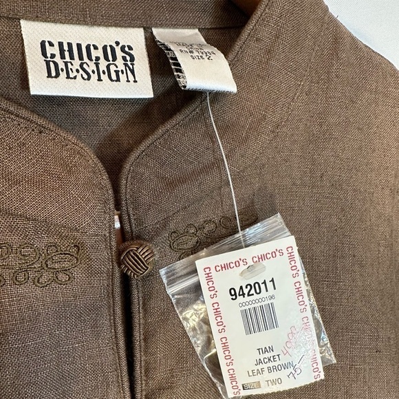 Chico’s Olive Green Tian 100% Linen Asian Art Jacket Blazer Coat Long Sleeve 2 - Picture 4 of 13